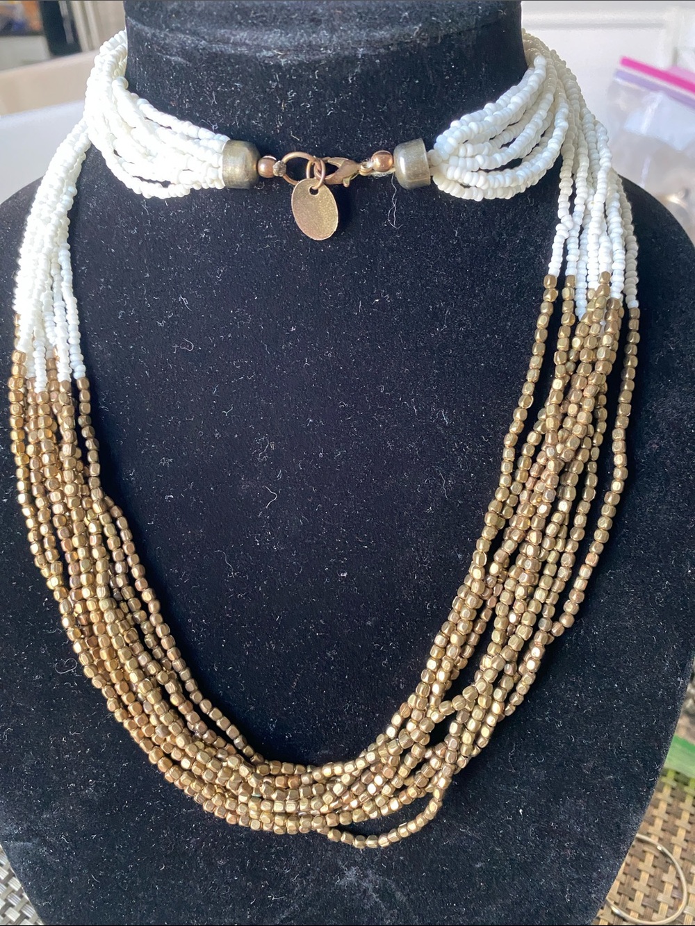 ZAD Multi-Strand Seed Bead Necklace in White and Gold